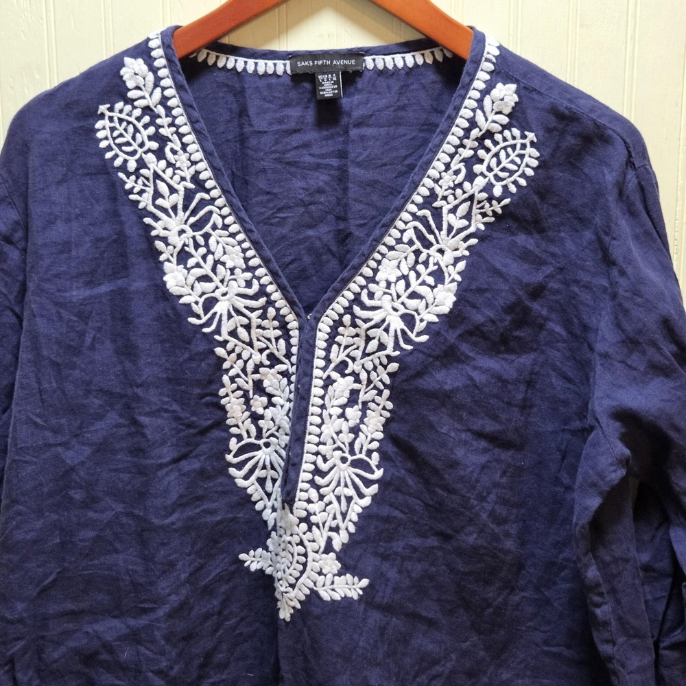 Saks Fifth Avenue Blouse Womens Large Blue Linen Embroidered V Neck Tunic Top